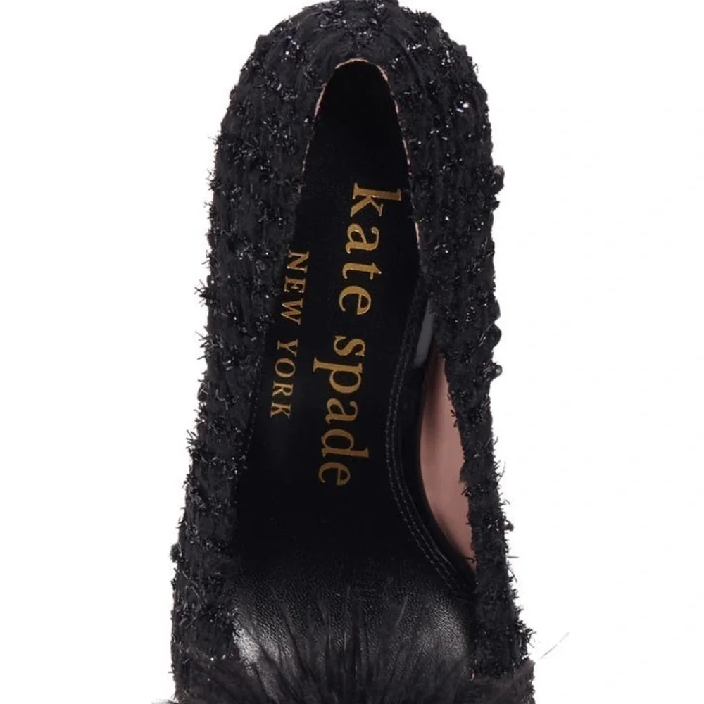 🆕kate spade new york Black Marabou PomPom Glitter Tweed Pointed Toe Stiletto